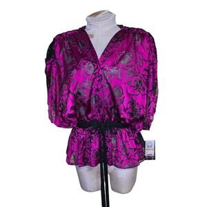 Grass Collection Purple Floral Button Tie Front Top Size Small NWT
